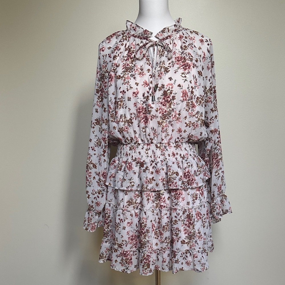 Entro Floral Ruffle Long Sleeve Mini Dress – Pink & Cream, Size M, Boho Romantic